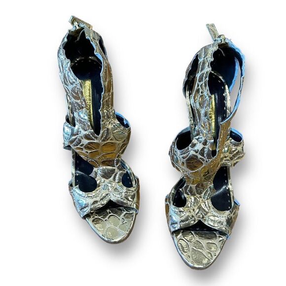 Rupert Sanderson Gold Gladiator Croc Reptile Leaf Print open Toe Heel Sandals - Picture 2 of 10